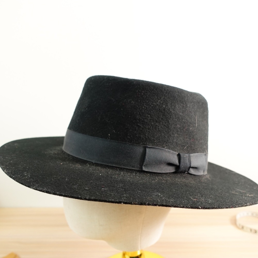 Wool Felt Fedora Hat Women XL Black Wide Brim Grosgrain Ribbon Bow Boater MORISS